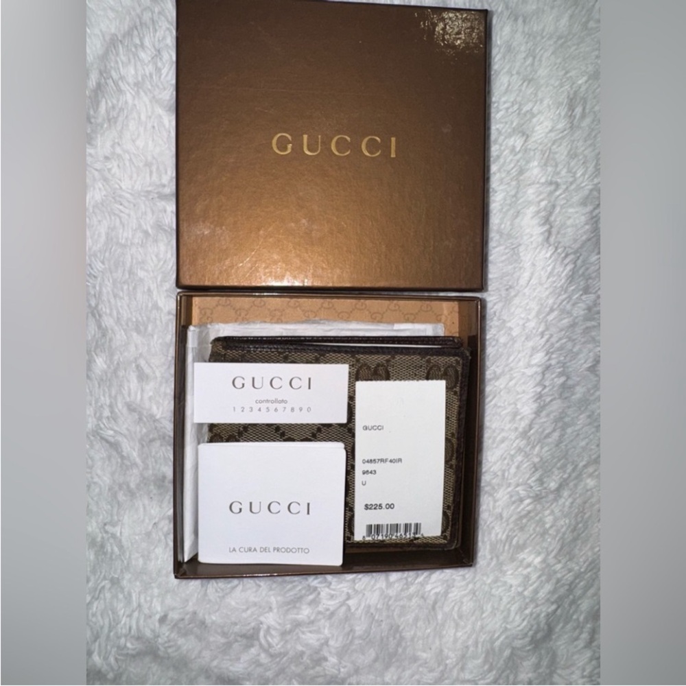 GUCCI WALLET GG Check Bifold Canvas Leather BROWN MENS 4” x 3.5” Made in Italy